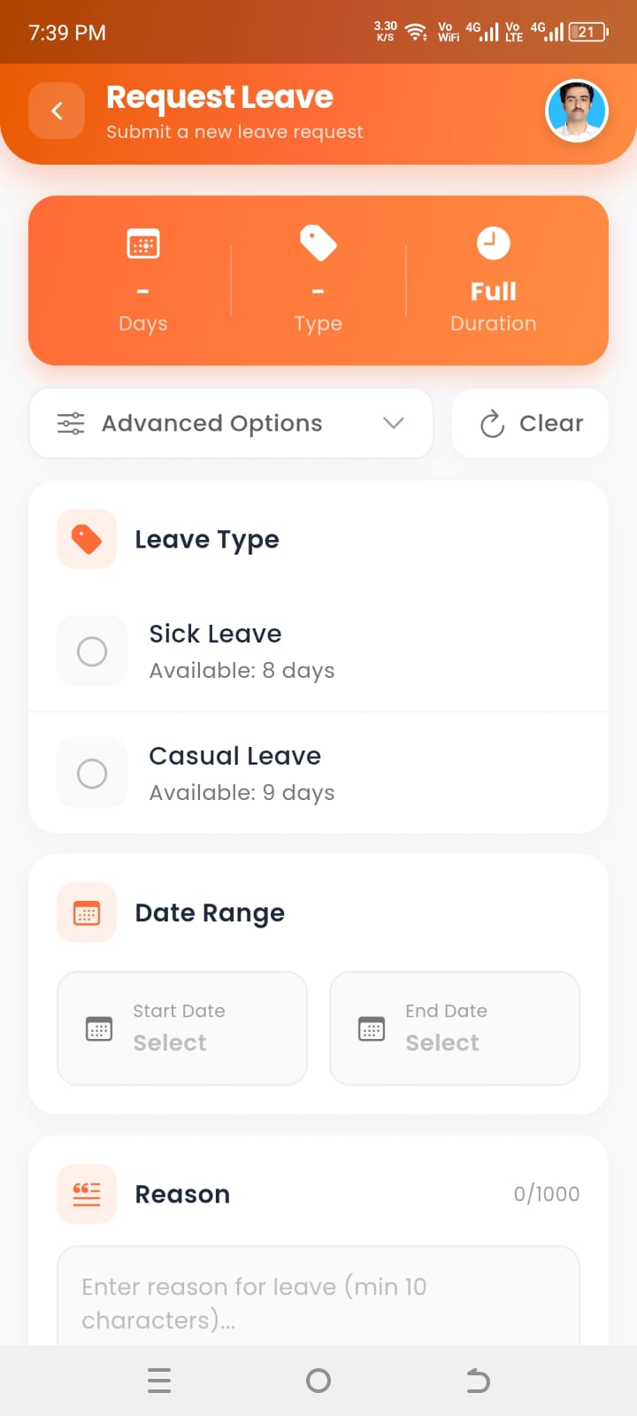 DevNest HRM mobile app — leave