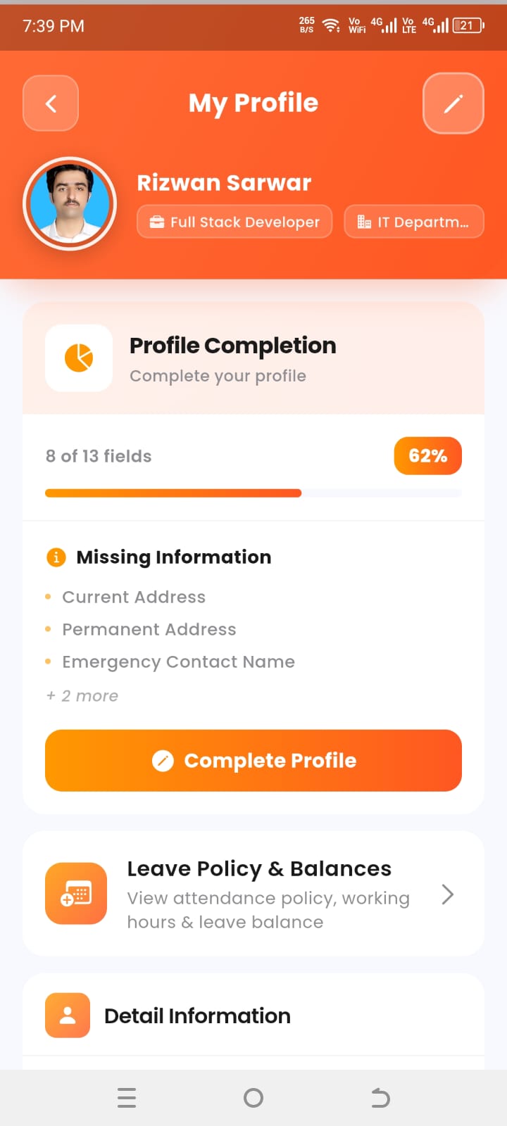 DevNest HRM mobile app — profile