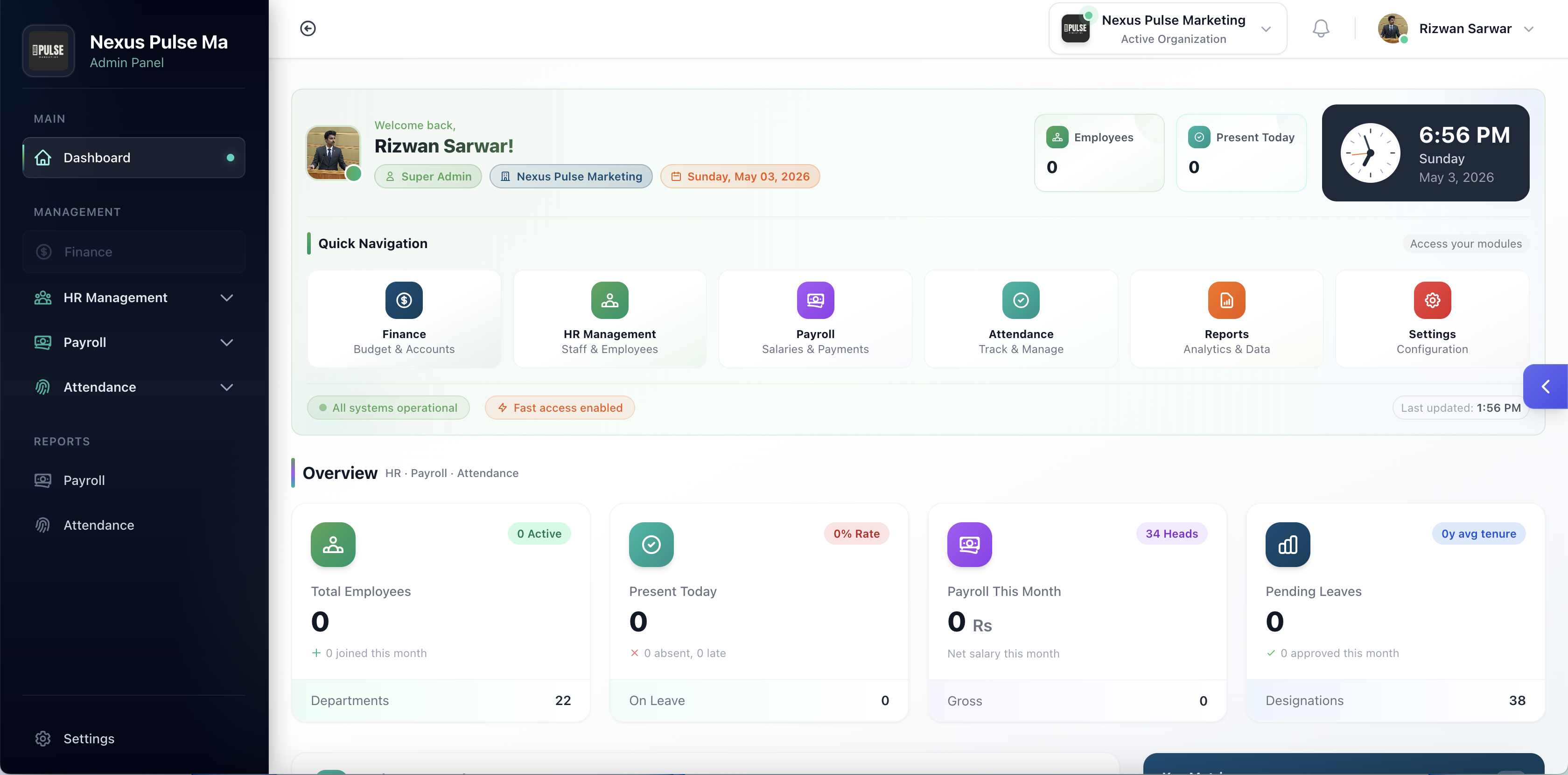 DevNest HRM — dashboard overview